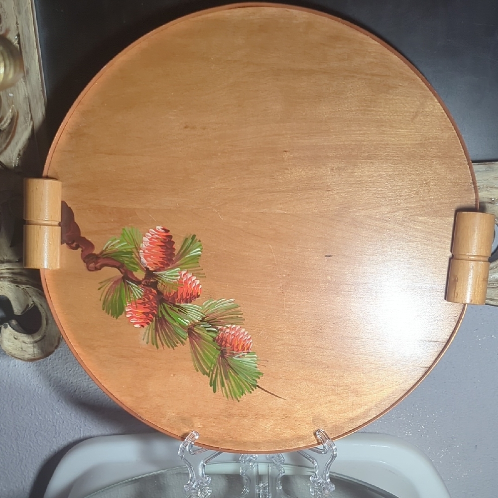 Vintage Dall Craft Hand Painted Hand Turned Wood Copper Drink Tray